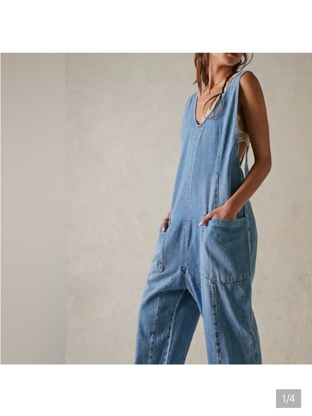 We The Free Light High Roller Blue Denim Overalls
